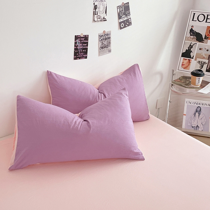 91家纺网 家纺一手货源 找家纺 优尚佳生活馆 2025新款ins风超柔褶皱亲肤磨毛水洗棉四件套双拼系列（风格一） 香芋粉