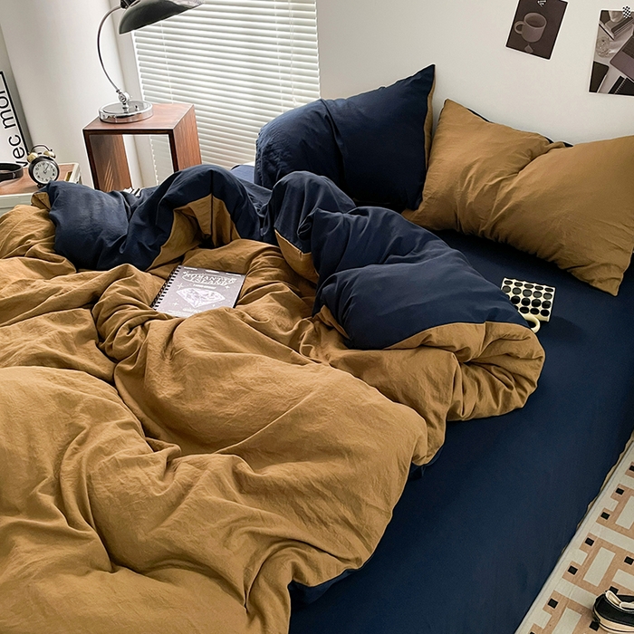 91家纺网 家纺一手货源 找家纺 优尚佳生活馆 2025新款ins风超柔褶皱亲肤磨毛水洗棉四件套双拼系列（风格二） 玛瑙洛克