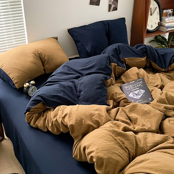 91家纺网 家纺一手货源 找家纺 优尚佳生活馆 2025新款ins风超柔褶皱亲肤磨毛水洗棉四件套双拼系列（风格二） 玛瑙洛克