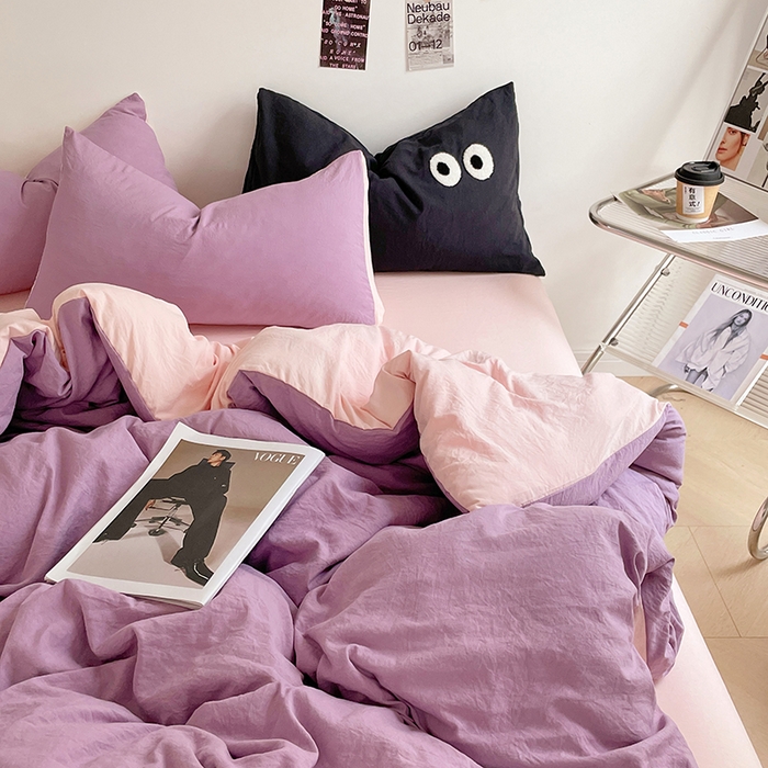 91家纺网 家纺一手货源 找家纺 优尚佳生活馆 2025新款ins风超柔褶皱亲肤磨毛水洗棉四件套双拼系列（风格一） 香芋粉