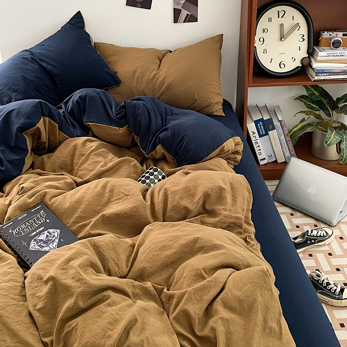 91家纺网 家纺一手货源 找家纺 优尚佳生活馆 2025新款ins风超柔褶皱亲肤磨毛水洗棉四件套双拼系列（风格二） 玛瑙洛克