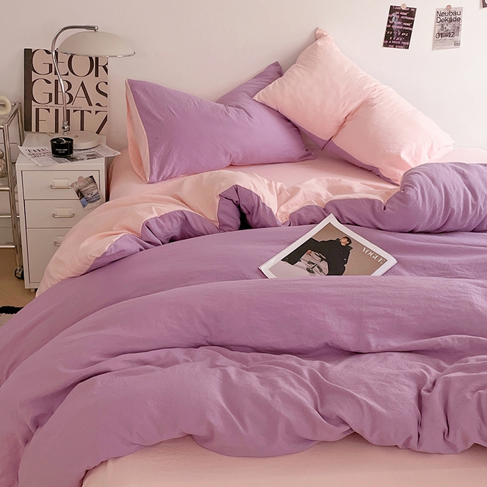 91家纺网 家纺一手货源 找家纺 优尚佳生活馆 2025新款ins风超柔褶皱亲肤磨毛水洗棉四件套双拼系列（风格一） 香芋粉