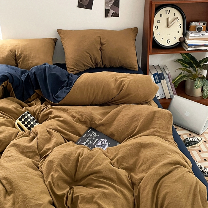 91家纺网 家纺一手货源 找家纺 优尚佳生活馆 2025新款ins风超柔褶皱亲肤磨毛水洗棉四件套双拼系列（风格二） 玛瑙洛克