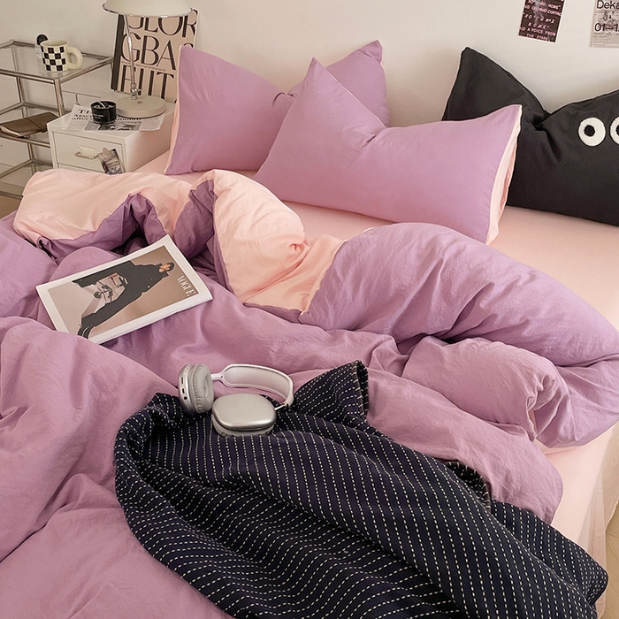 91家纺网 家纺一手货源 找家纺 优尚佳生活馆 2025新款ins风超柔褶皱亲肤磨毛水洗棉四件套双拼系列（风格一） 香芋粉