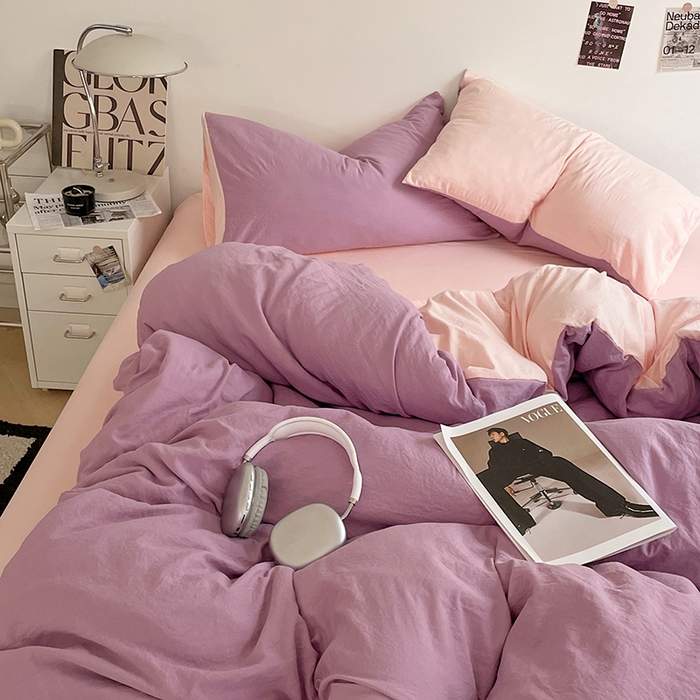 91家纺网 家纺一手货源 找家纺 优尚佳生活馆 2025新款ins风超柔褶皱亲肤磨毛水洗棉四件套双拼系列（风格一） 香芋粉