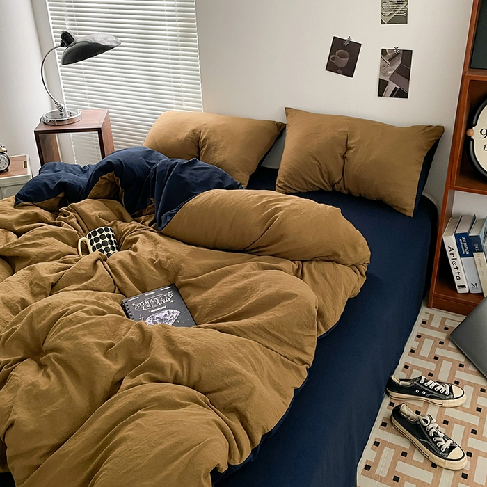 91家纺网 家纺一手货源 找家纺 优尚佳生活馆 2025新款ins风超柔褶皱亲肤磨毛水洗棉四件套双拼系列（风格二） 玛瑙洛克