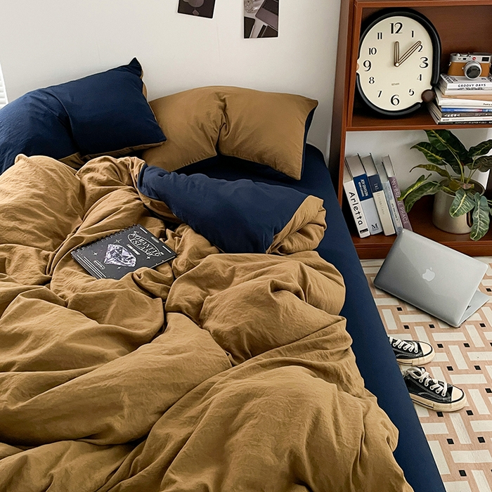 91家纺网 家纺一手货源 找家纺 优尚佳生活馆 2025新款ins风超柔褶皱亲肤磨毛水洗棉四件套双拼系列（风格二） 玛瑙洛克