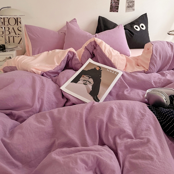 91家纺网 家纺一手货源 找家纺 优尚佳生活馆 2025新款ins风超柔褶皱亲肤磨毛水洗棉四件套双拼系列（风格一） 香芋粉