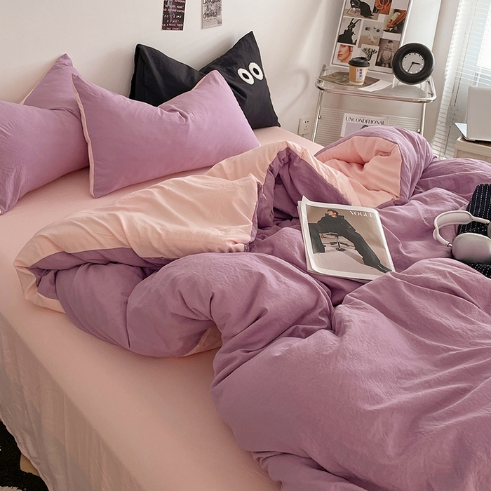 91家纺网 家纺一手货源 找家纺 优尚佳生活馆 2025新款ins风超柔褶皱亲肤磨毛水洗棉四件套双拼系列（风格一） 香芋粉