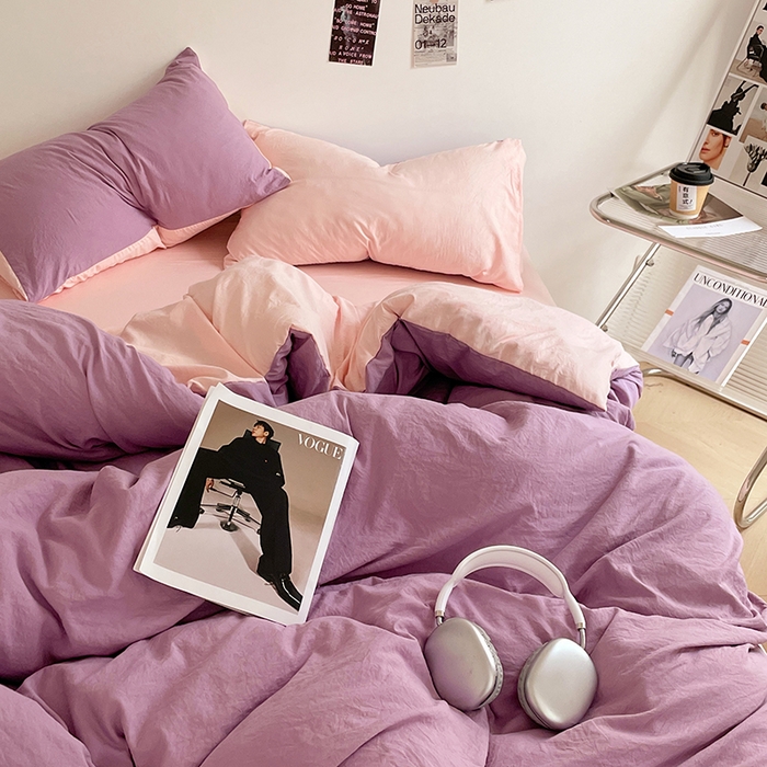 91家纺网 家纺一手货源 找家纺 优尚佳生活馆 2025新款ins风超柔褶皱亲肤磨毛水洗棉四件套双拼系列（风格一） 香芋粉