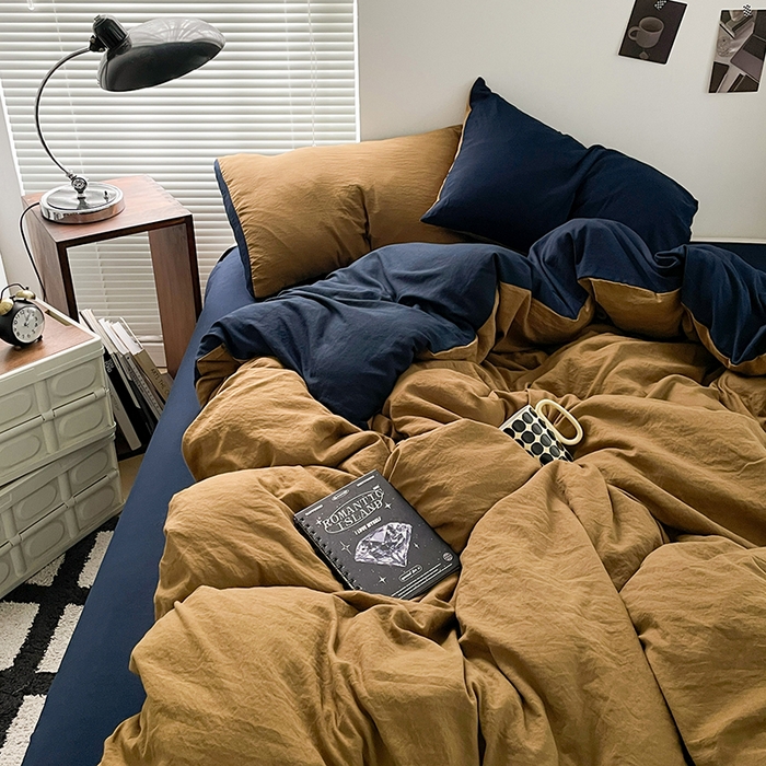 91家纺网 家纺一手货源 找家纺 优尚佳生活馆 2025新款ins风超柔褶皱亲肤磨毛水洗棉四件套双拼系列（风格二） 玛瑙洛克