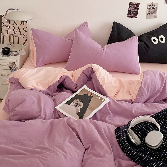 91家纺网 家纺一手货源 找家纺 优尚佳生活馆 2025新款ins风超柔褶皱亲肤磨毛水洗棉四件套双拼系列（风格一） 香芋粉