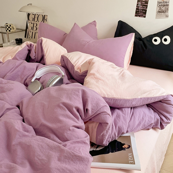 91家纺网 家纺一手货源 找家纺 优尚佳生活馆 2025新款ins风超柔褶皱亲肤磨毛水洗棉四件套双拼系列（风格一） 香芋粉