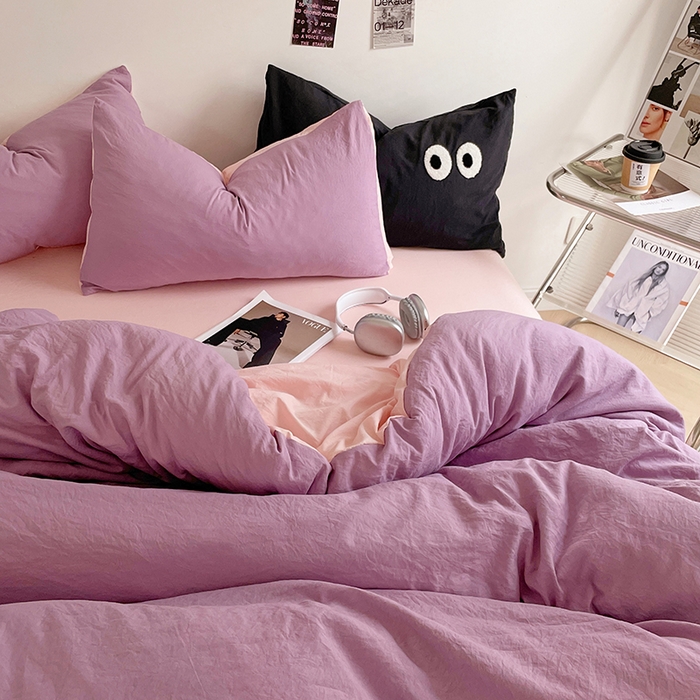 91家纺网 家纺一手货源 找家纺 优尚佳生活馆 2025新款ins风超柔褶皱亲肤磨毛水洗棉四件套双拼系列（风格一） 香芋粉