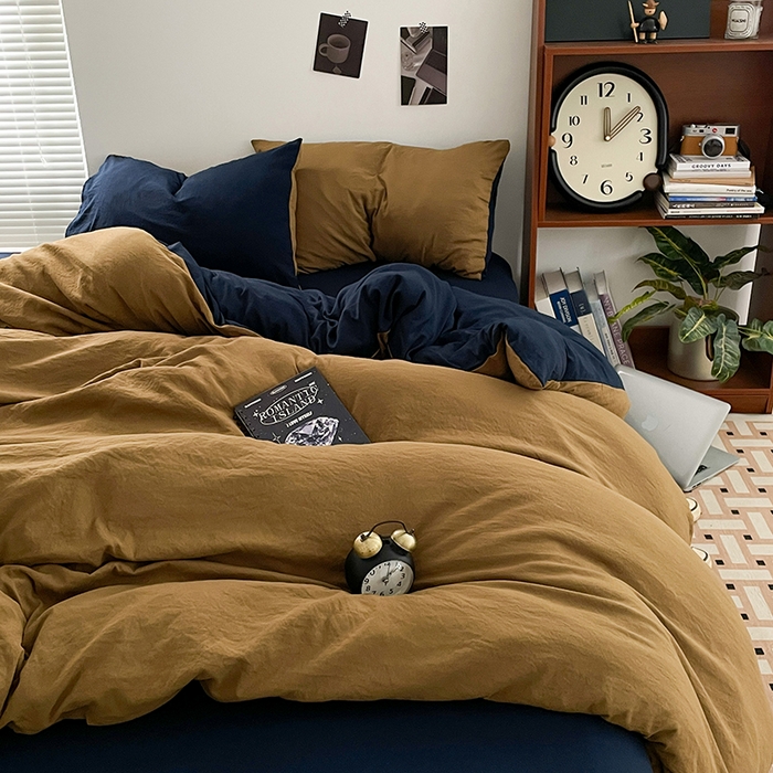 91家纺网 家纺一手货源 找家纺 优尚佳生活馆 2025新款ins风超柔褶皱亲肤磨毛水洗棉四件套双拼系列（风格二） 玛瑙洛克