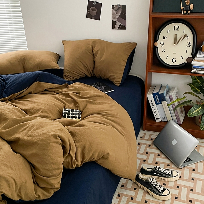 91家纺网 家纺一手货源 找家纺 优尚佳生活馆 2025新款ins风超柔褶皱亲肤磨毛水洗棉四件套双拼系列（风格二） 玛瑙洛克