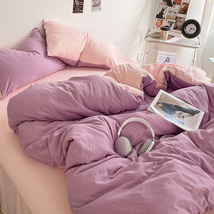 91家纺网 家纺一手货源 找家纺 优尚佳生活馆 2025新款ins风超柔褶皱亲肤磨毛水洗棉四件套双拼系列（风格一） 香芋粉