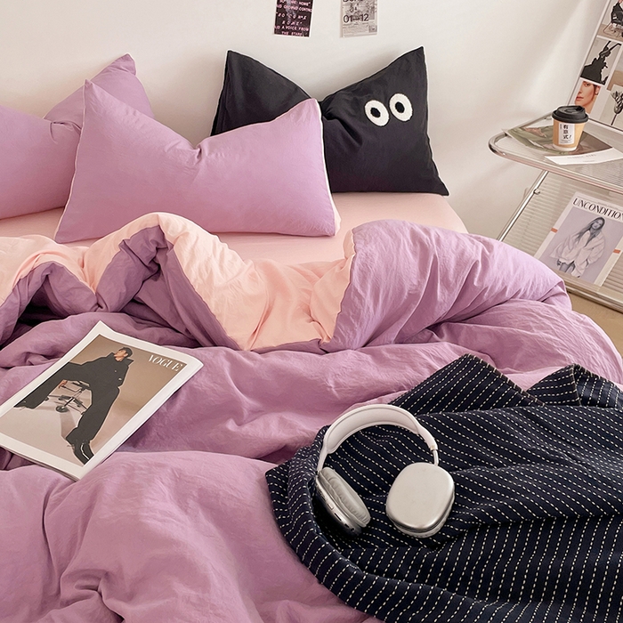 91家纺网 家纺一手货源 找家纺 优尚佳生活馆 2025新款ins风超柔褶皱亲肤磨毛水洗棉四件套双拼系列（风格一） 香芋粉