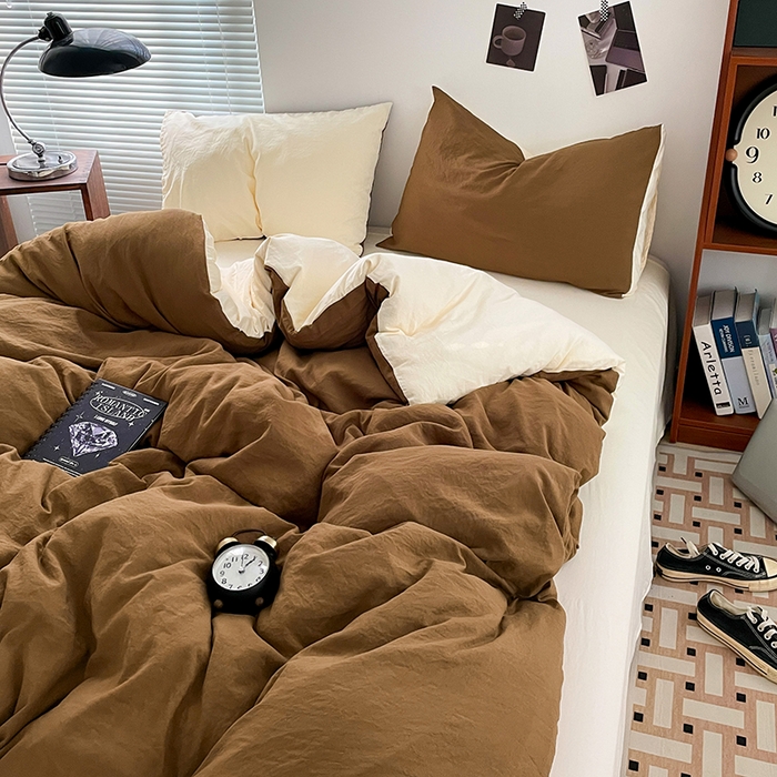 91家纺网 家纺一手货源 找家纺 优尚佳生活馆 2025新款ins风超柔褶皱亲肤磨毛水洗棉四件套双拼系列（风格二） 玛瑙芝士