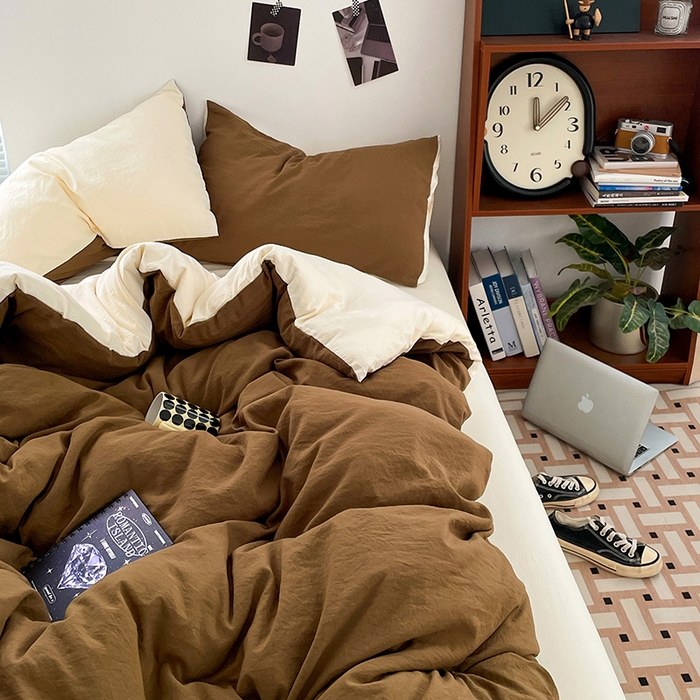 91家纺网 家纺一手货源 找家纺 优尚佳生活馆 2025新款ins风超柔褶皱亲肤磨毛水洗棉四件套双拼系列（风格二） 玛瑙芝士