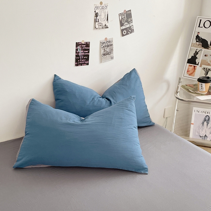 91家纺网 家纺一手货源 找家纺 优尚佳生活馆 2025新款ins风超柔褶皱亲肤磨毛水洗棉四件套双拼系列（风格一） 宝蓝浅灰