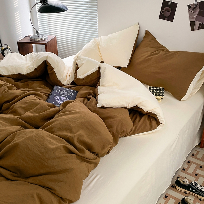 91家纺网 家纺一手货源 找家纺 优尚佳生活馆 2025新款ins风超柔褶皱亲肤磨毛水洗棉四件套双拼系列（风格二） 玛瑙芝士