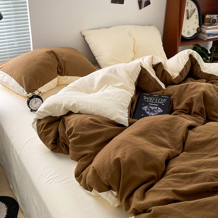 91家纺网 家纺一手货源 找家纺 优尚佳生活馆 2025新款ins风超柔褶皱亲肤磨毛水洗棉四件套双拼系列（风格二） 玛瑙芝士