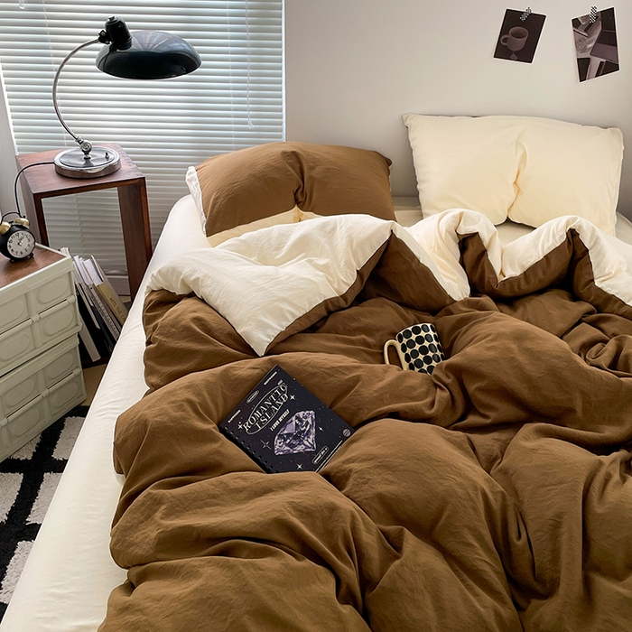 91家纺网 家纺一手货源 找家纺 优尚佳生活馆 2025新款ins风超柔褶皱亲肤磨毛水洗棉四件套双拼系列（风格二） 玛瑙芝士