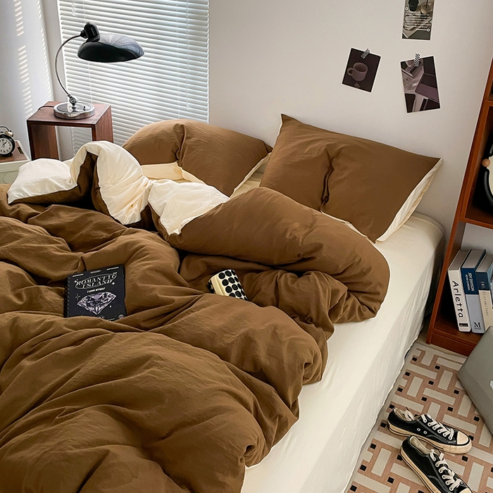 91家纺网 家纺一手货源 找家纺 优尚佳生活馆 2025新款ins风超柔褶皱亲肤磨毛水洗棉四件套双拼系列（风格二） 玛瑙芝士