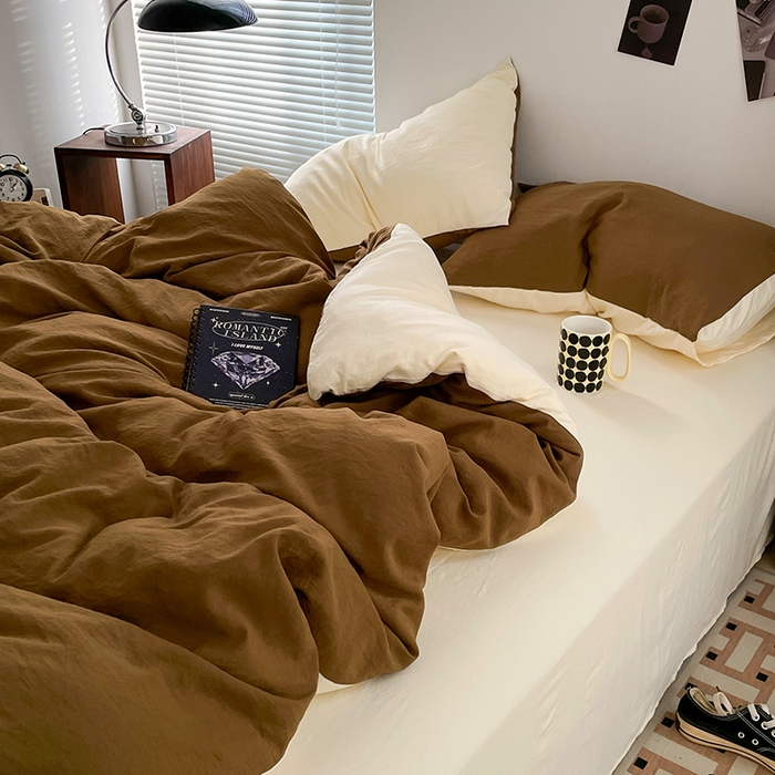 91家纺网 家纺一手货源 找家纺 优尚佳生活馆 2025新款ins风超柔褶皱亲肤磨毛水洗棉四件套双拼系列（风格二） 玛瑙芝士