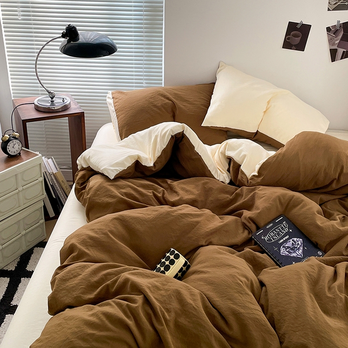 91家纺网 家纺一手货源 找家纺 优尚佳生活馆 2025新款ins风超柔褶皱亲肤磨毛水洗棉四件套双拼系列（风格二） 玛瑙芝士