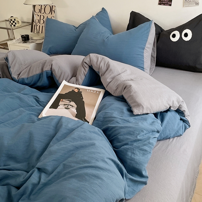 91家纺网 家纺一手货源 找家纺 优尚佳生活馆 2025新款ins风超柔褶皱亲肤磨毛水洗棉四件套双拼系列（风格一） 宝蓝浅灰