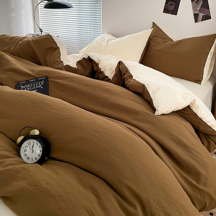 91家纺网 家纺一手货源 找家纺 优尚佳生活馆 2025新款ins风超柔褶皱亲肤磨毛水洗棉四件套双拼系列（风格二） 玛瑙芝士