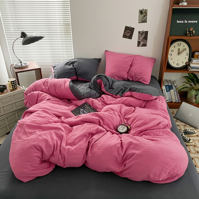 优尚佳生活馆 2025新款ins风超柔褶皱亲肤磨毛水洗棉四件套双拼系列（风格二） 玫红深灰