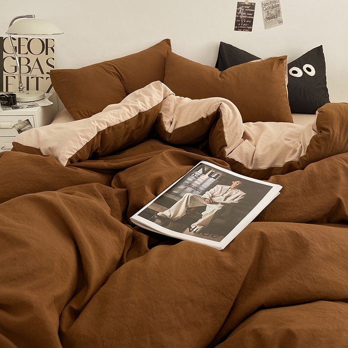 91家纺网 家纺一手货源 找家纺 优尚佳生活馆 2025新款ins风超柔褶皱亲肤磨毛水洗棉四件套双拼系列（风格一） 糖卡