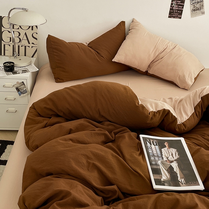 91家纺网 家纺一手货源 找家纺 优尚佳生活馆 2025新款ins风超柔褶皱亲肤磨毛水洗棉四件套双拼系列（风格一） 糖卡