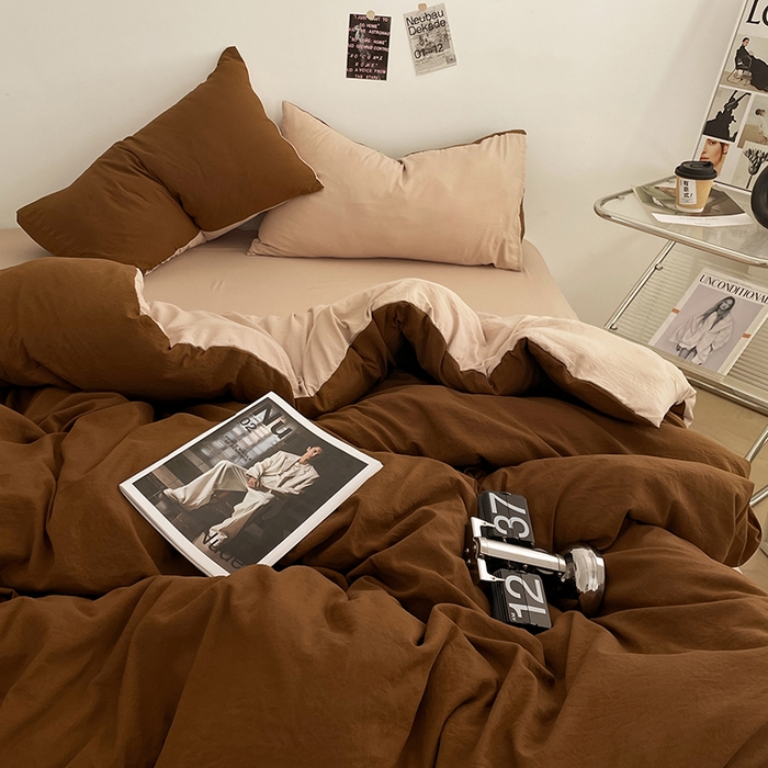 91家纺网 家纺一手货源 找家纺 优尚佳生活馆 2025新款ins风超柔褶皱亲肤磨毛水洗棉四件套双拼系列（风格一） 糖卡