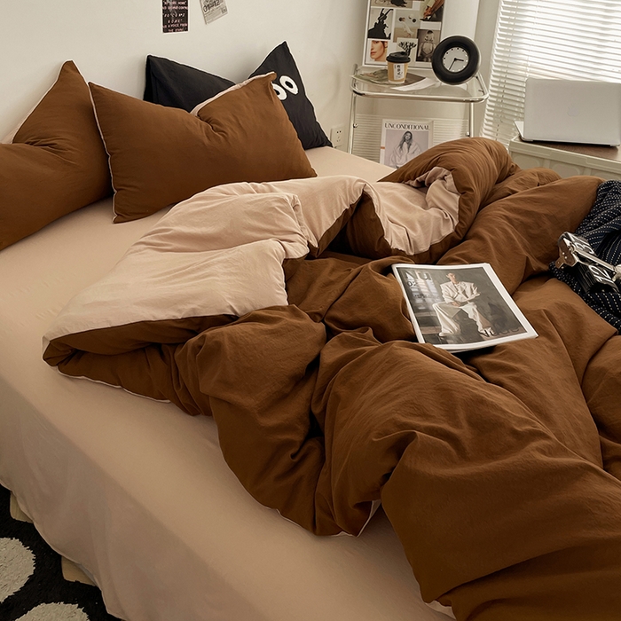 91家纺网 家纺一手货源 找家纺 优尚佳生活馆 2025新款ins风超柔褶皱亲肤磨毛水洗棉四件套双拼系列（风格一） 糖卡