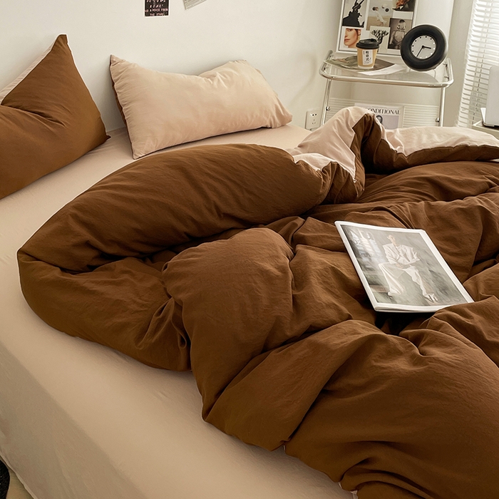 91家纺网 家纺一手货源 找家纺 优尚佳生活馆 2025新款ins风超柔褶皱亲肤磨毛水洗棉四件套双拼系列（风格一） 糖卡