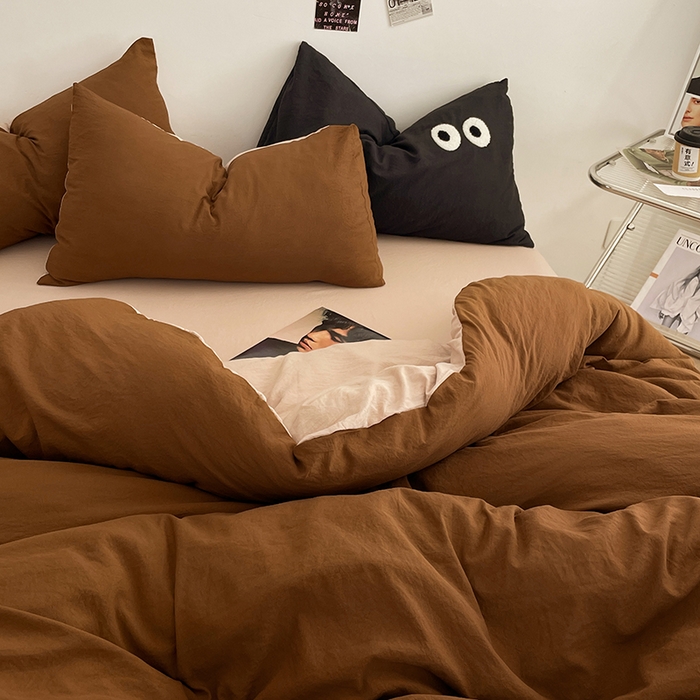 91家纺网 家纺一手货源 找家纺 优尚佳生活馆 2025新款ins风超柔褶皱亲肤磨毛水洗棉四件套双拼系列（风格一） 糖卡