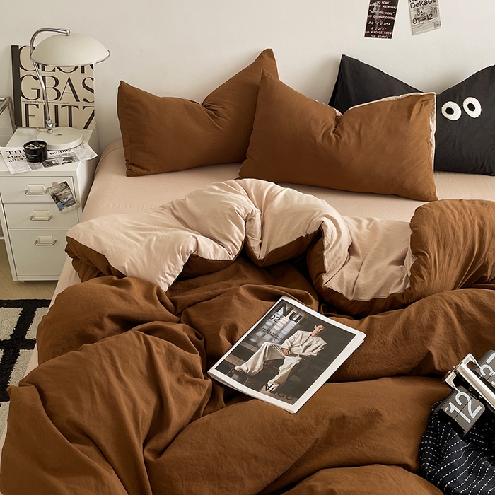 91家纺网 家纺一手货源 找家纺 优尚佳生活馆 2025新款ins风超柔褶皱亲肤磨毛水洗棉四件套双拼系列（风格一） 糖卡