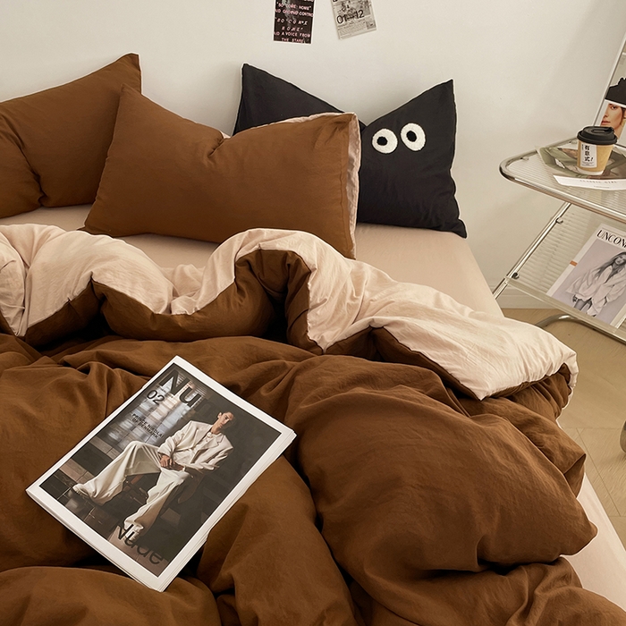 91家纺网 家纺一手货源 找家纺 优尚佳生活馆 2025新款ins风超柔褶皱亲肤磨毛水洗棉四件套双拼系列（风格一） 糖卡