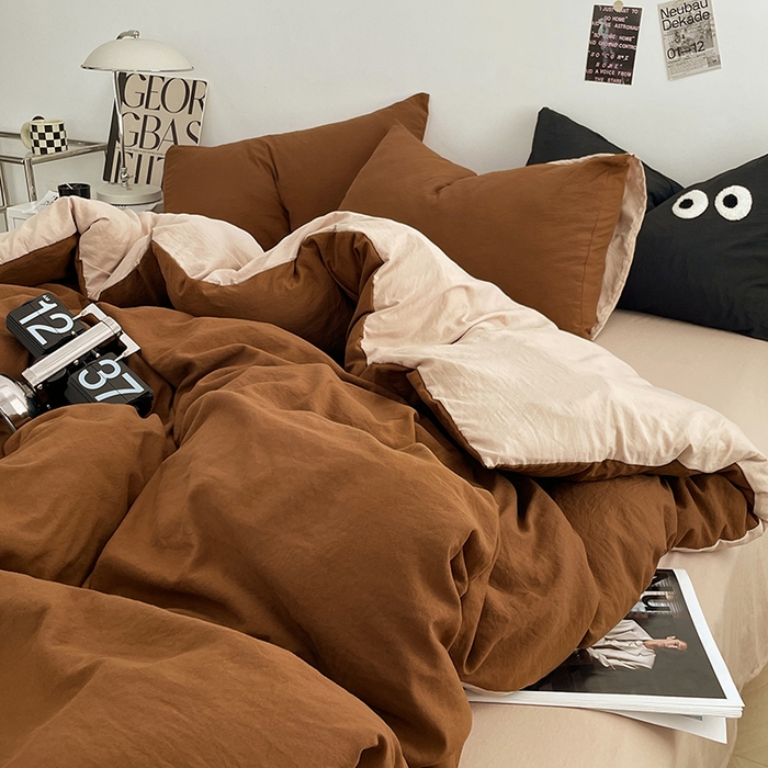 91家纺网 家纺一手货源 找家纺 优尚佳生活馆 2025新款ins风超柔褶皱亲肤磨毛水洗棉四件套双拼系列（风格一） 糖卡