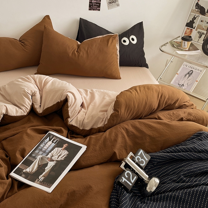 91家纺网 家纺一手货源 找家纺 优尚佳生活馆 2025新款ins风超柔褶皱亲肤磨毛水洗棉四件套双拼系列（风格一） 糖卡