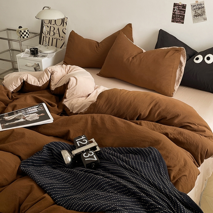 91家纺网 家纺一手货源 找家纺 优尚佳生活馆 2025新款ins风超柔褶皱亲肤磨毛水洗棉四件套双拼系列（风格一） 糖卡