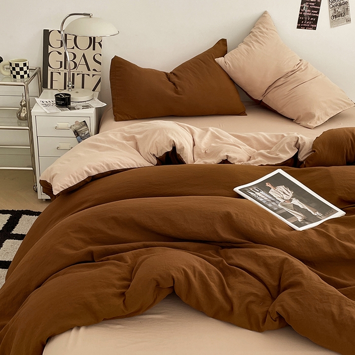 91家纺网 家纺一手货源 找家纺 优尚佳生活馆 2025新款ins风超柔褶皱亲肤磨毛水洗棉四件套双拼系列（风格一） 糖卡