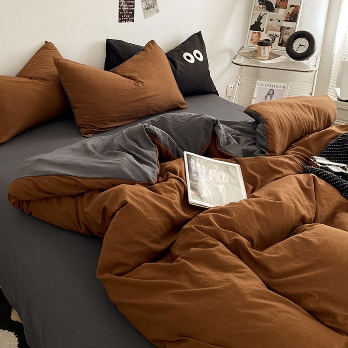 91家纺网 家纺一手货源 找家纺 优尚佳生活馆 2025新款ins风超柔褶皱亲肤磨毛水洗棉四件套双拼系列（风格一） 糖灰