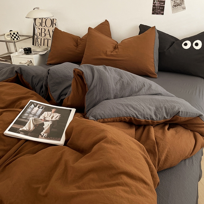 91家纺网 家纺一手货源 找家纺 优尚佳生活馆 2025新款ins风超柔褶皱亲肤磨毛水洗棉四件套双拼系列（风格一） 糖灰