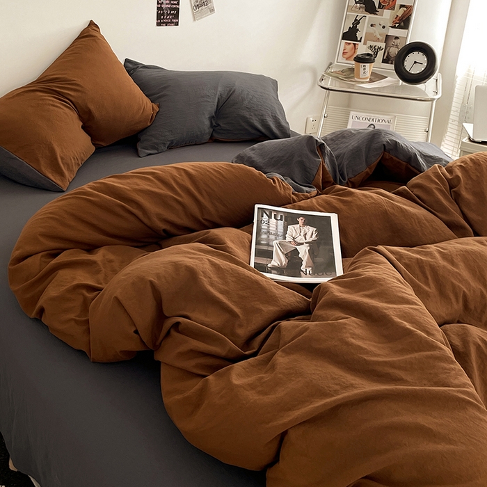 91家纺网 家纺一手货源 找家纺 优尚佳生活馆 2025新款ins风超柔褶皱亲肤磨毛水洗棉四件套双拼系列（风格一） 糖灰