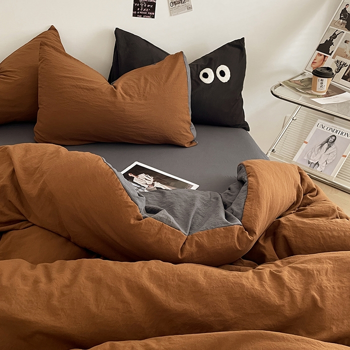 91家纺网 家纺一手货源 找家纺 优尚佳生活馆 2025新款ins风超柔褶皱亲肤磨毛水洗棉四件套双拼系列（风格一） 糖灰